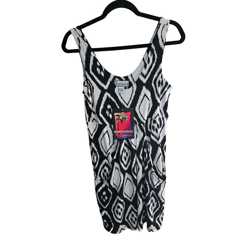 NWT Porto Cruz Black‎ Ikat Print Cruise Pocket Sleeveless Dress Beach Size Small